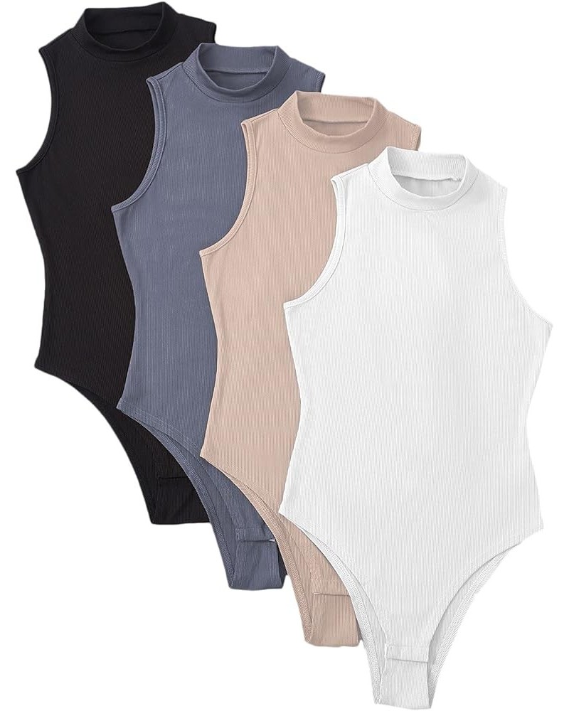 Women's Plus Size 4pcs Mock Neck Sleeveless Ribbed Knit Bodysuit Pack Multicolor B $21.00 Bodysuits