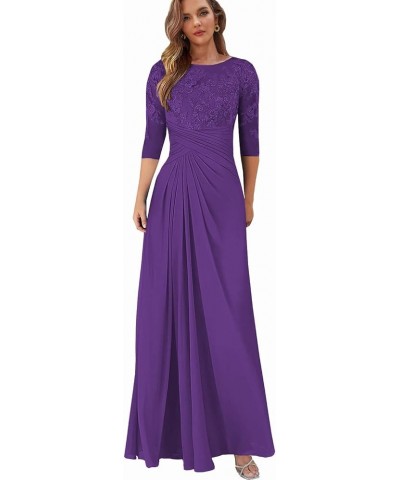 Lace Long Mother of The Bride Dresses for Wedding Chiffon Ruched Evening Formal Dress with Sleeves Purple $34.85 Dresses