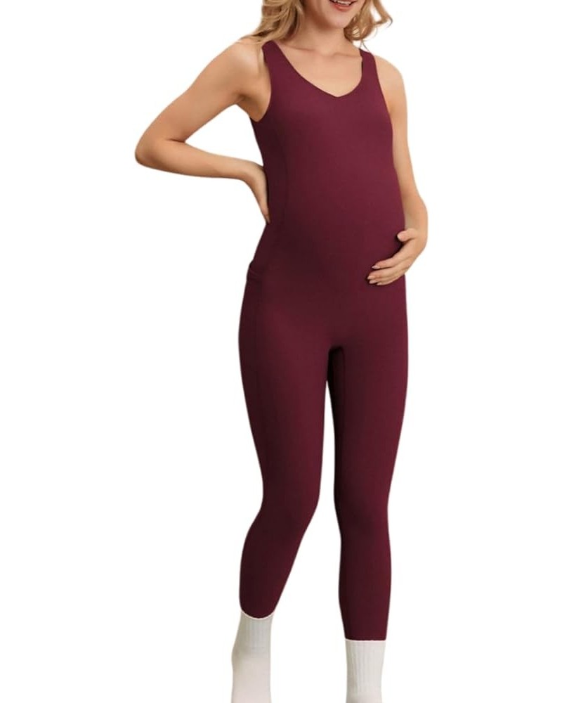 Maternity Romper Pregnancy Shapewear Knit Sleeveless Jumpsuit Wine Red $13.95 Jumpsuits