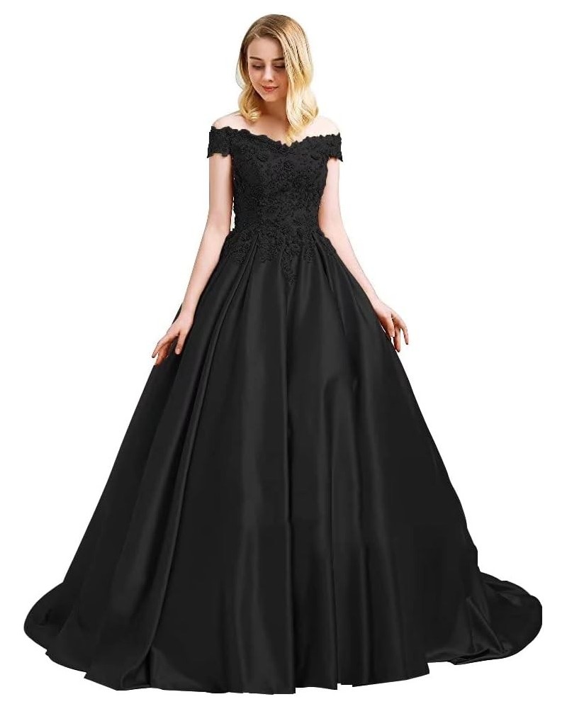 Off Shoulder Prom Dresses Long Ball Gown Quinceanera Satin Lace Formal Evening Gowns with Pockets 2024 Black $41.15 Dresses