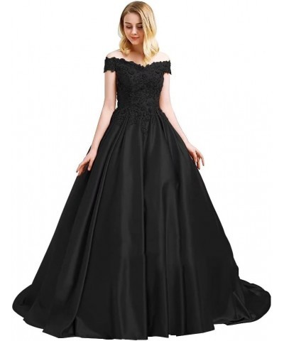 Off Shoulder Prom Dresses Long Ball Gown Quinceanera Satin Lace Formal Evening Gowns with Pockets 2024 Black $41.15 Dresses