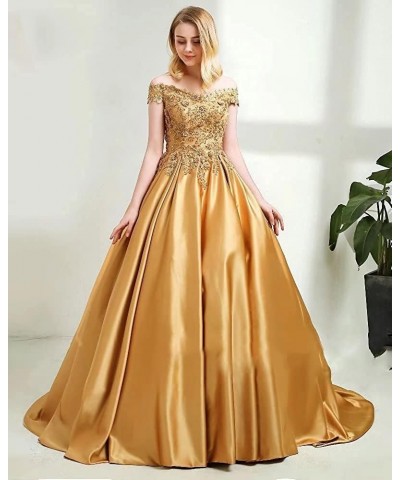 Off Shoulder Prom Dresses Long Ball Gown Quinceanera Satin Lace Formal Evening Gowns with Pockets 2024 Black $41.15 Dresses