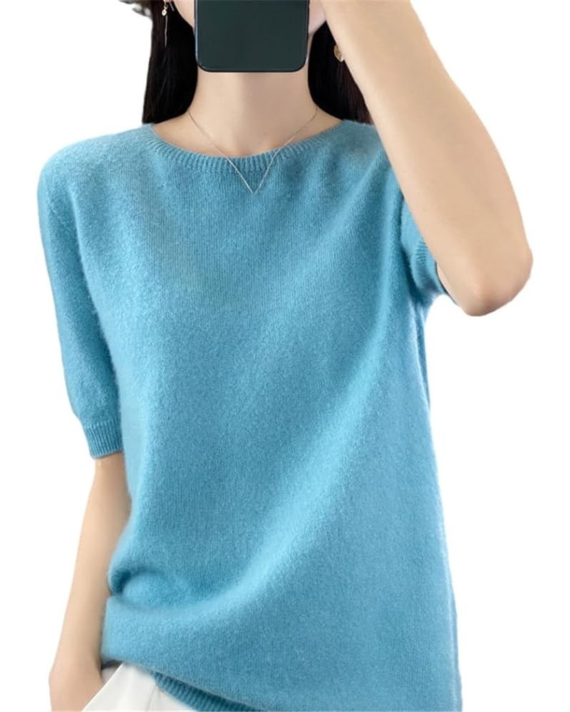 Spring Women's Cashmere Merino Wool Knitted Pullover Sweater O-Neck Slim Short Half Sleeve Sweater Sky Blue $17.10 Sweaters