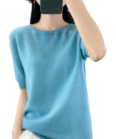 Spring Women's Cashmere Merino Wool Knitted Pullover Sweater O-Neck Slim Short Half Sleeve Sweater Sky Blue $17.10 Sweaters