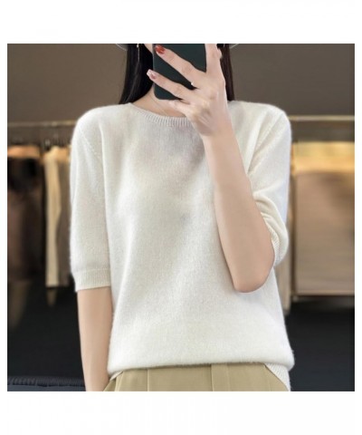 Spring Women's Cashmere Merino Wool Knitted Pullover Sweater O-Neck Slim Short Half Sleeve Sweater Sky Blue $17.10 Sweaters