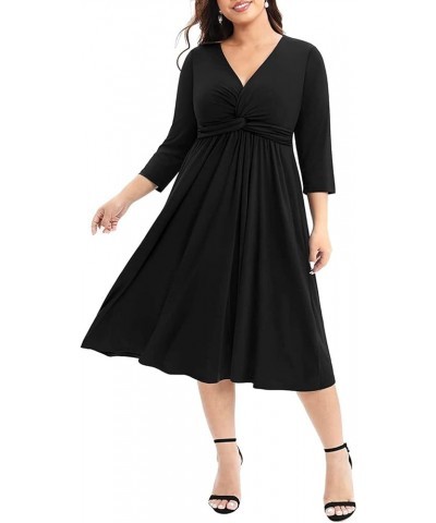 Women's Plus Size Twist Knot Front V Neck 3/4 Sleeve A-line Wedding Guest Midi Dress Black $27.02 Dresses