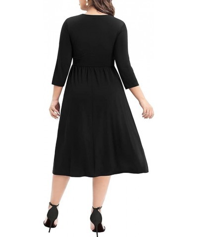 Women's Plus Size Twist Knot Front V Neck 3/4 Sleeve A-line Wedding Guest Midi Dress Black $27.02 Dresses