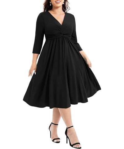 Women's Plus Size Twist Knot Front V Neck 3/4 Sleeve A-line Wedding Guest Midi Dress Black $27.02 Dresses