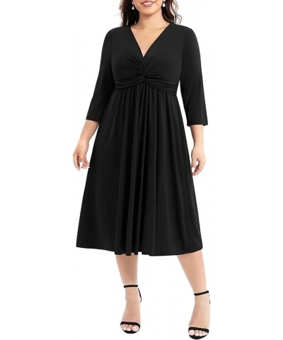 Women's Plus Size Twist Knot Front V Neck 3/4 Sleeve A-line Wedding Guest Midi Dress Black $27.02 Dresses