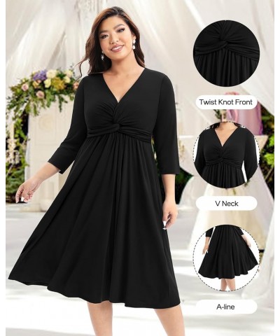 Women's Plus Size Twist Knot Front V Neck 3/4 Sleeve A-line Wedding Guest Midi Dress Black $27.02 Dresses