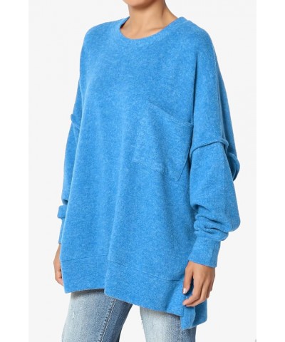 Women's Cozy Loose Chest Pocket Long Sleeve Melange Color Knit Pullover Sweater Blushed Ocean Blue $17.04 Sweaters