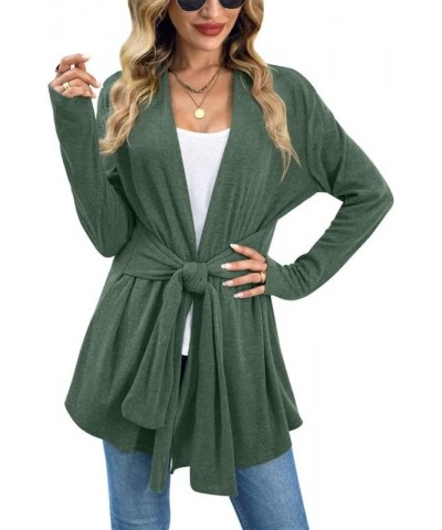 Women's Tie Waist Lightweight Long Sleeve Medium Length Cardigan Forest Green $17.10 Sweaters