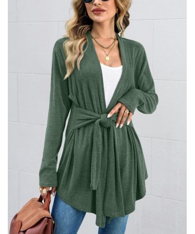 Women's Tie Waist Lightweight Long Sleeve Medium Length Cardigan Forest Green $17.10 Sweaters