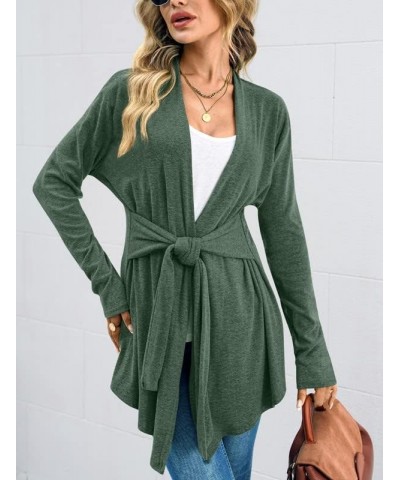 Women's Tie Waist Lightweight Long Sleeve Medium Length Cardigan Forest Green $17.10 Sweaters