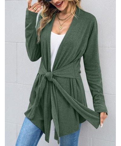 Women's Tie Waist Lightweight Long Sleeve Medium Length Cardigan Forest Green $17.10 Sweaters