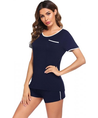 Pajama Set for Women 2 Piece Lounge Set Tops and Shorts Soft Sleepwear, Chest Pocket 01 Navy Blue $10.75 Sleep & Lounge