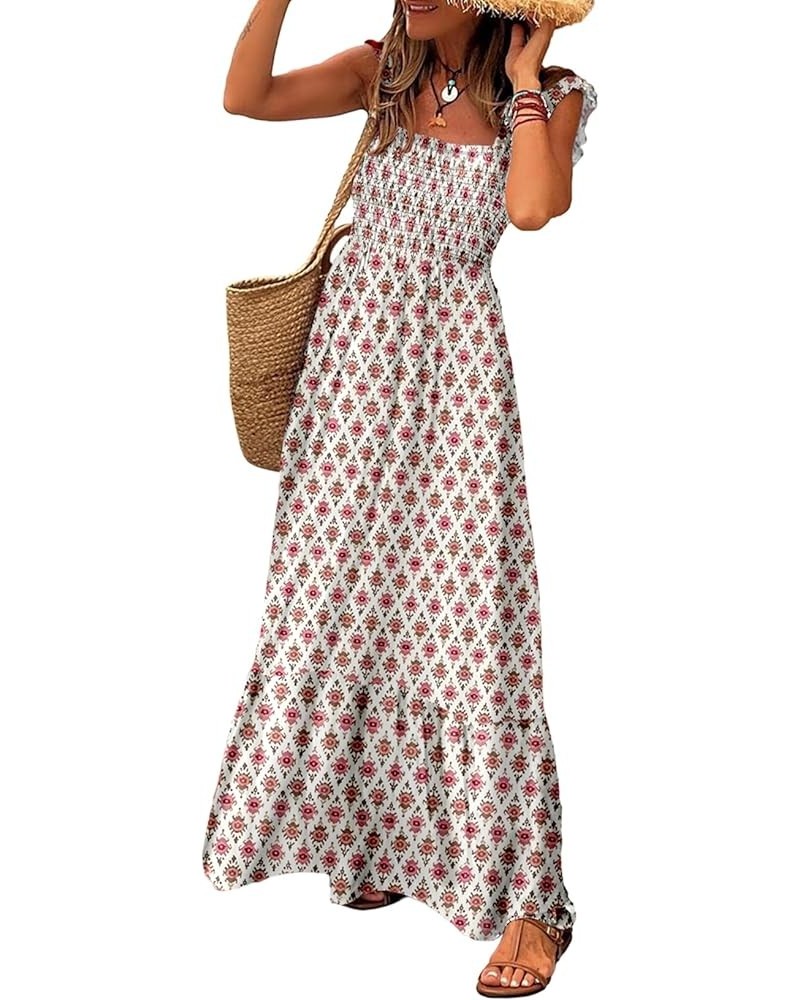 Maxi Dress for Women Summer Boho Spaghetti Strap Square Neck Ruffle Beach Sun Dress Printed White $22.00 Dresses