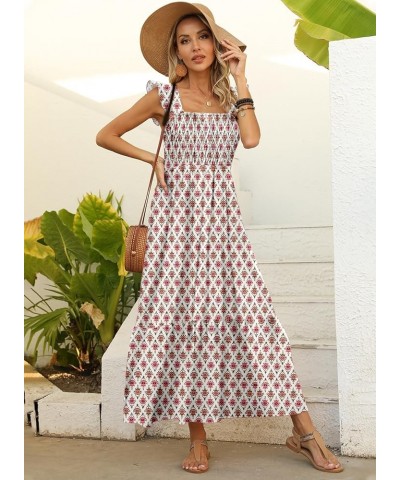 Maxi Dress for Women Summer Boho Spaghetti Strap Square Neck Ruffle Beach Sun Dress Printed White $22.00 Dresses