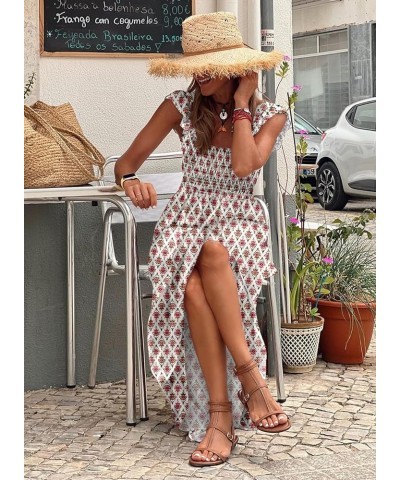 Maxi Dress for Women Summer Boho Spaghetti Strap Square Neck Ruffle Beach Sun Dress Printed White $22.00 Dresses