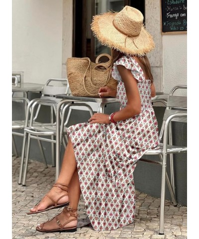 Maxi Dress for Women Summer Boho Spaghetti Strap Square Neck Ruffle Beach Sun Dress Printed White $22.00 Dresses