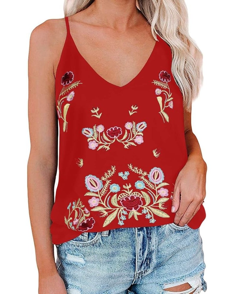 Mexican Shirt for Women Mexican Embroidered Shirts Carnival Outfit Ethnic Style Boho Floral Embroidery Long Sleeve Tops V-red...