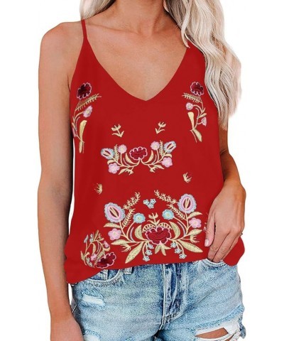 Mexican Shirt for Women Mexican Embroidered Shirts Carnival Outfit Ethnic Style Boho Floral Embroidery Long Sleeve Tops V-red...