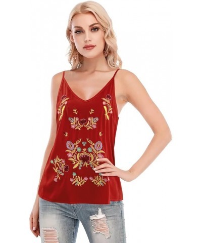 Mexican Shirt for Women Mexican Embroidered Shirts Carnival Outfit Ethnic Style Boho Floral Embroidery Long Sleeve Tops V-red...