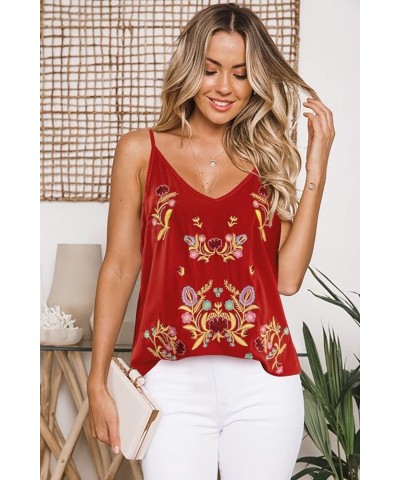 Mexican Shirt for Women Mexican Embroidered Shirts Carnival Outfit Ethnic Style Boho Floral Embroidery Long Sleeve Tops V-red...