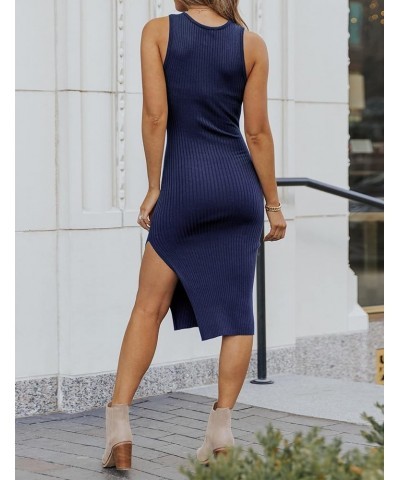 Women 2023 Summer Sleeveless Tank Dresses Crew Neck Ribbed Knit Bodycon Dress Short Casual Slit Party Dress Navy $20.50 Dresses