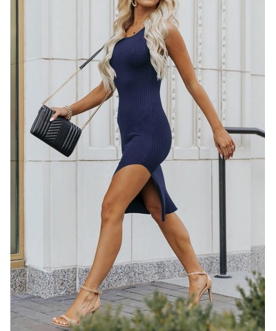 Women 2023 Summer Sleeveless Tank Dresses Crew Neck Ribbed Knit Bodycon Dress Short Casual Slit Party Dress Navy $20.50 Dresses