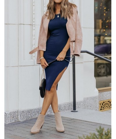 Women 2023 Summer Sleeveless Tank Dresses Crew Neck Ribbed Knit Bodycon Dress Short Casual Slit Party Dress Navy $20.50 Dresses