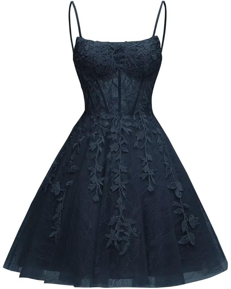 Women Lace Appliques Homecoming Dresses for Teens Spaghetti Strap Short Tulle Prom Dress Tight Cocktail Evening Gown Navy $42...