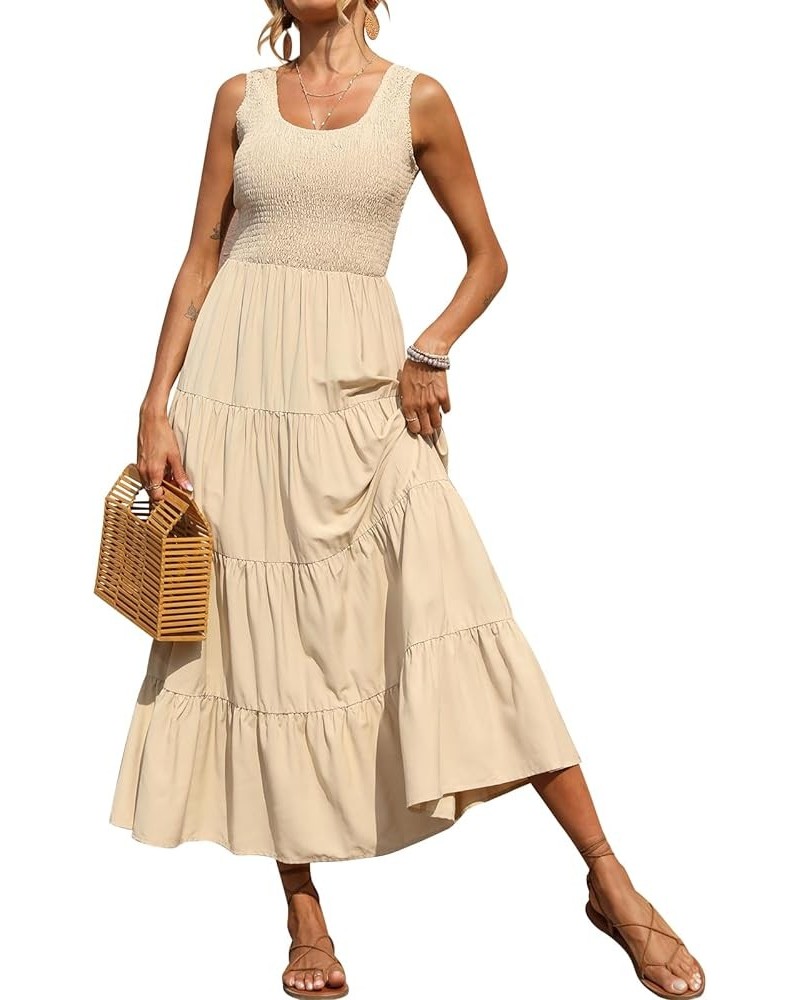 Women's 2024 Casual Loose Plain Maxi Sundress Smocked Tank Dress Sleeveless Summer Beach Tiered Long Dresses Apricot-2 $23.96...