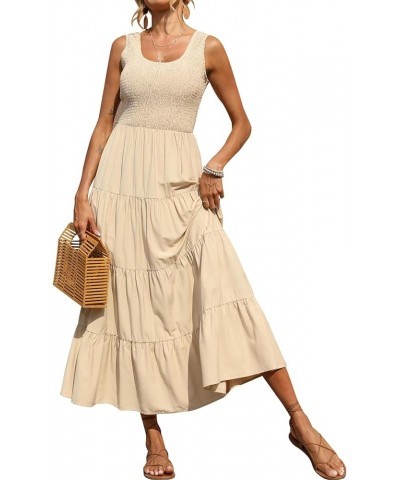 Women's 2024 Casual Loose Plain Maxi Sundress Smocked Tank Dress Sleeveless Summer Beach Tiered Long Dresses Apricot-2 $23.96...