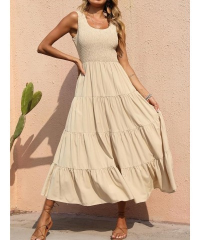 Women's 2024 Casual Loose Plain Maxi Sundress Smocked Tank Dress Sleeveless Summer Beach Tiered Long Dresses Apricot-2 $23.96...