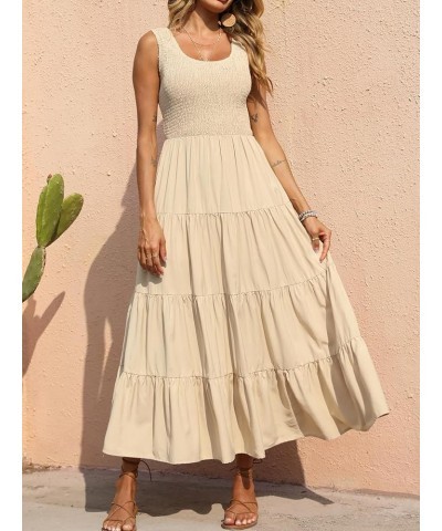 Women's 2024 Casual Loose Plain Maxi Sundress Smocked Tank Dress Sleeveless Summer Beach Tiered Long Dresses Apricot-2 $23.96...