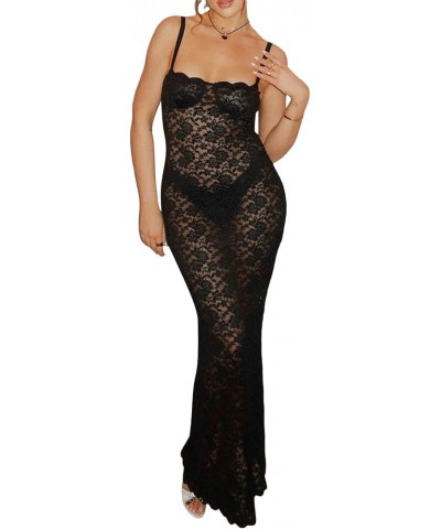 Womens Floral Lace Long Dress Spaghetti Strap See Through High Split Slip Sleeveless Mesh Cover Up Maxi Dresses Black Slit $1...