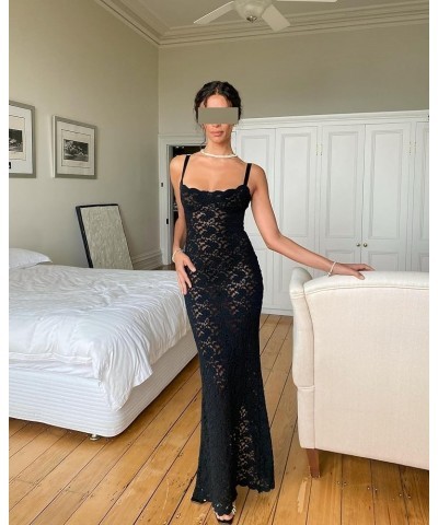 Womens Floral Lace Long Dress Spaghetti Strap See Through High Split Slip Sleeveless Mesh Cover Up Maxi Dresses Black Slit $1...