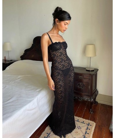 Womens Floral Lace Long Dress Spaghetti Strap See Through High Split Slip Sleeveless Mesh Cover Up Maxi Dresses Black Slit $1...