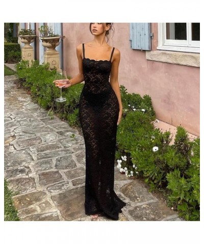 Womens Floral Lace Long Dress Spaghetti Strap See Through High Split Slip Sleeveless Mesh Cover Up Maxi Dresses Black Slit $1...