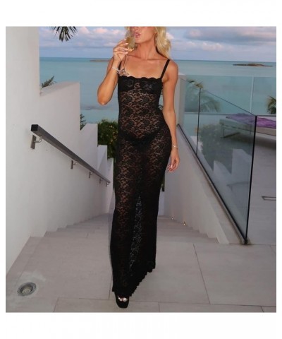 Womens Floral Lace Long Dress Spaghetti Strap See Through High Split Slip Sleeveless Mesh Cover Up Maxi Dresses Black Slit $1...