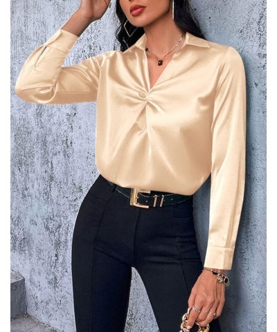 Women's Satin Top V Neck Twist Front Top Long Sleeve Silk Shirts Casual Work Office Blouse Apricot $7.94 Blouses