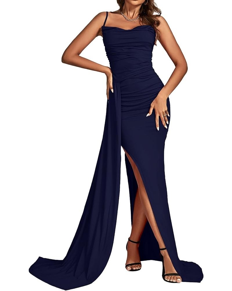 Women's Spaghetti Strap High Split Slit Ruched Bodycon Sexy Cocktail Maxi Dress Solid Navy Blue $22.89 Dresses