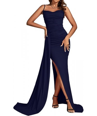 Women's Spaghetti Strap High Split Slit Ruched Bodycon Sexy Cocktail Maxi Dress Solid Navy Blue $22.89 Dresses