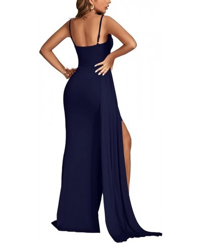 Women's Spaghetti Strap High Split Slit Ruched Bodycon Sexy Cocktail Maxi Dress Solid Navy Blue $22.89 Dresses