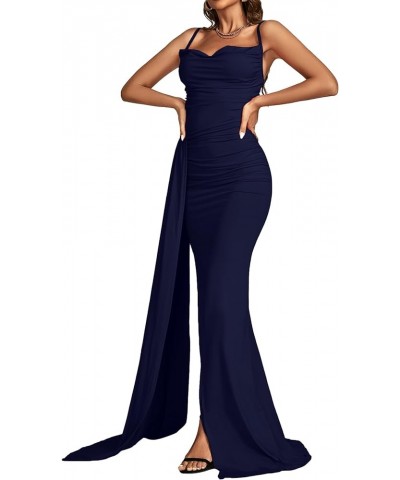 Women's Spaghetti Strap High Split Slit Ruched Bodycon Sexy Cocktail Maxi Dress Solid Navy Blue $22.89 Dresses