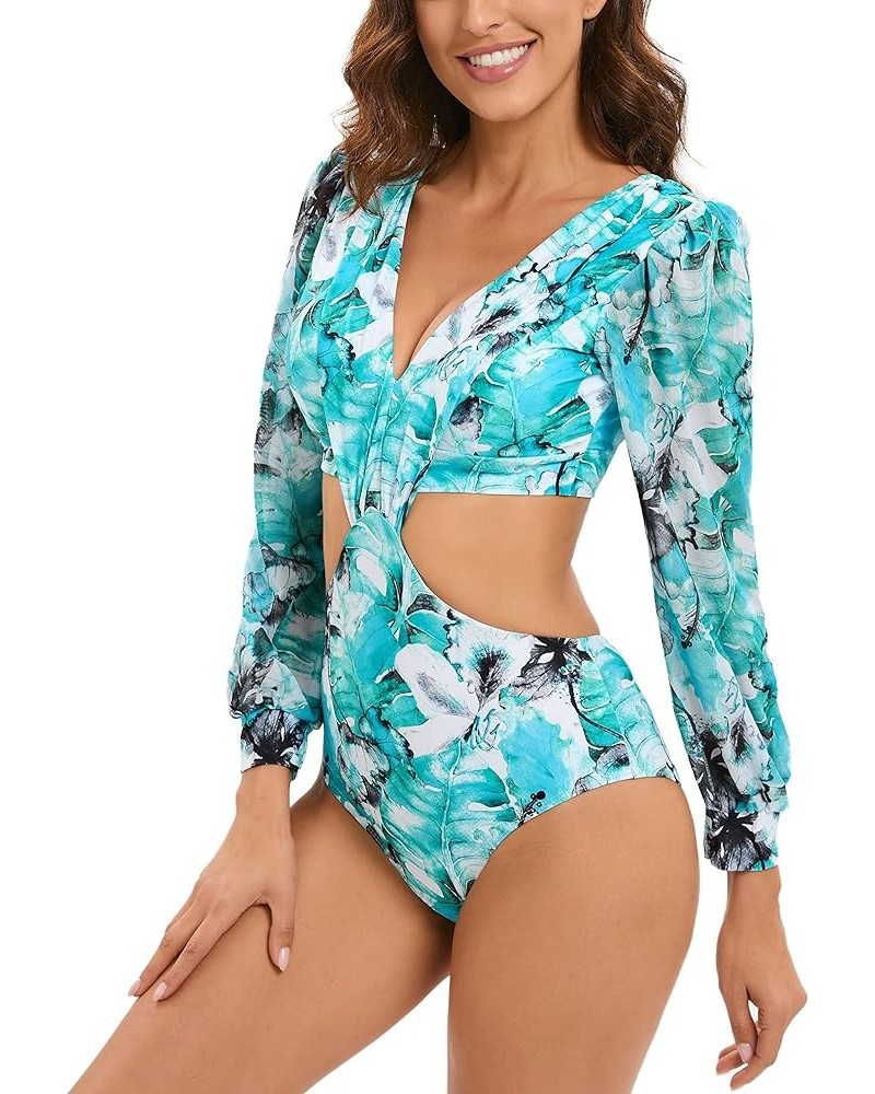 Women's Puff Long Sleeves One Piece Swimsuit Rash Guard V-Neck Bathing Suit 11004-green $23.51 Swimsuits