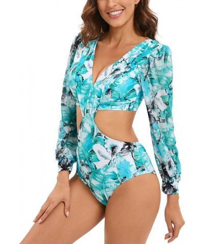 Women's Puff Long Sleeves One Piece Swimsuit Rash Guard V-Neck Bathing Suit 11004-green $23.51 Swimsuits